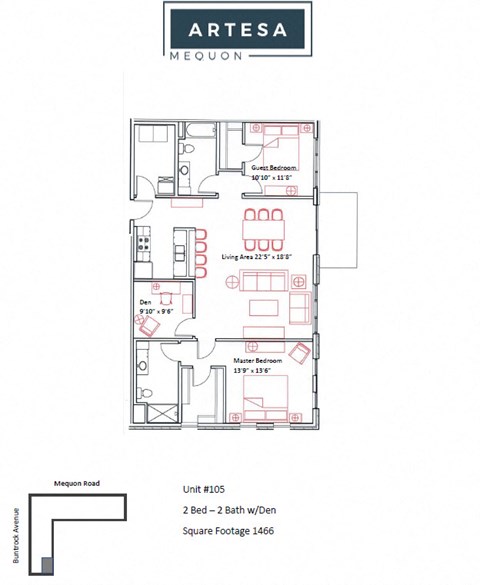 Floor plan for 2 beds, 2 baths, 1466 sqft